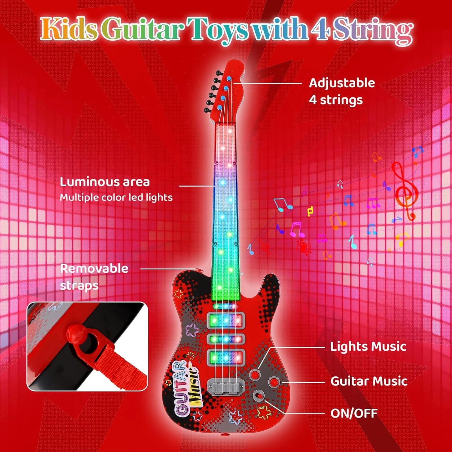 Kids Guitar and Microphone Playset with 4 Strings, Electric Guitar Kit with Lifting Mic Stand, Toddler Toys Musical Instruments Starter Kit, Karaoke Machine Toys for Boys Girls Christmas Guitars Gifts