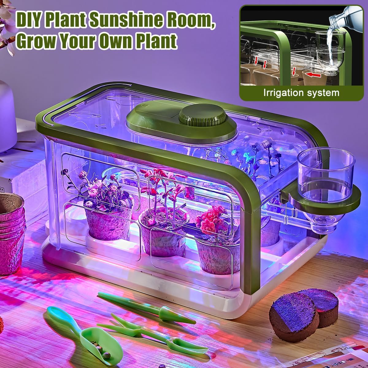 Kids Plant Growing Kit, Kids Gardening Greenhouse Growing Kit with Drip Irrigation and Grow Lights, Science STEM Toys Terrarium Kit for Boys Girls 3 4 5 6 7 8 Year Old,Kids Flower Growing Kit