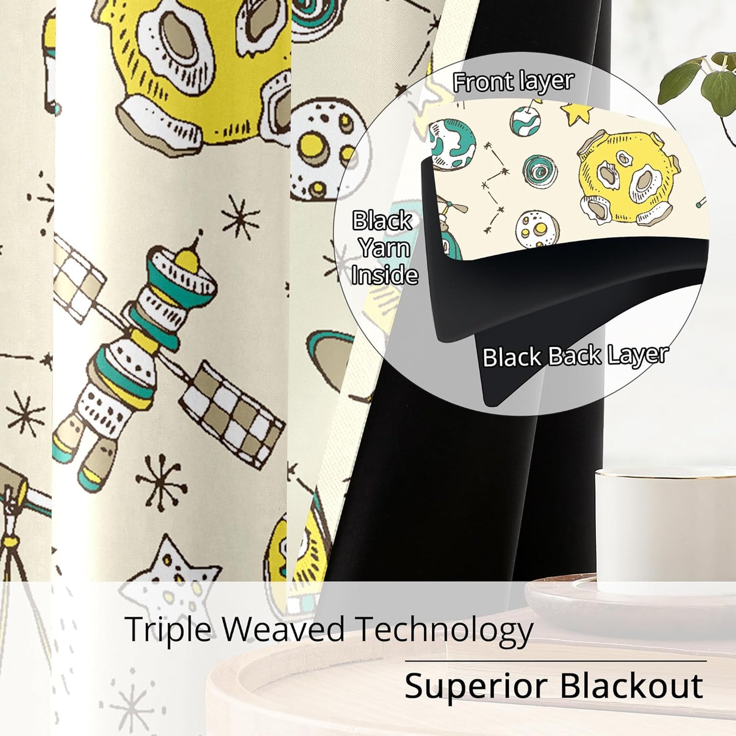 Kids Space UFO and Rocket Blackout Curtains - 100% Blackout, Thermal Insulated, Noise Reducing, Perfect for Kids Room and Nursery, 2 Panels (Space Explorer Sketchbook, W52×L63)