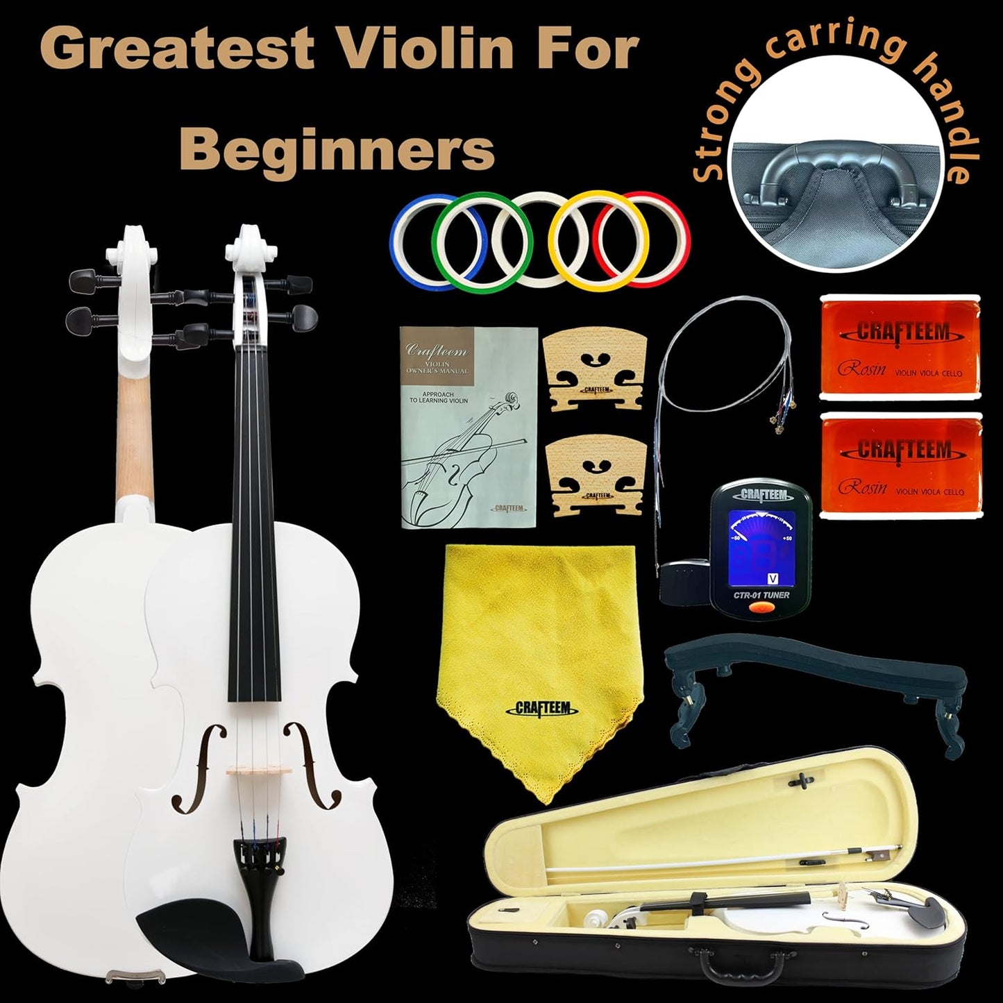 1/2 Fiddle White Colored Premium Violin Outfit for Beginners Adults Kids With 5 Color Fingering Tape- Handcrafted Student Beginner Violin.(White, 1/2)