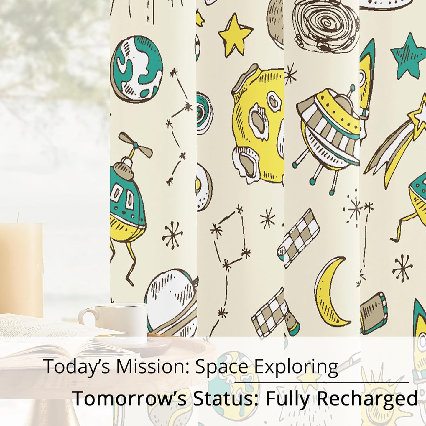 Kids Space UFO and Rocket Blackout Curtains - 100% Blackout, Thermal Insulated, Noise Reducing, Perfect for Kids Room and Nursery, 2 Panels (Space Explorer Sketchbook, W52×L63)