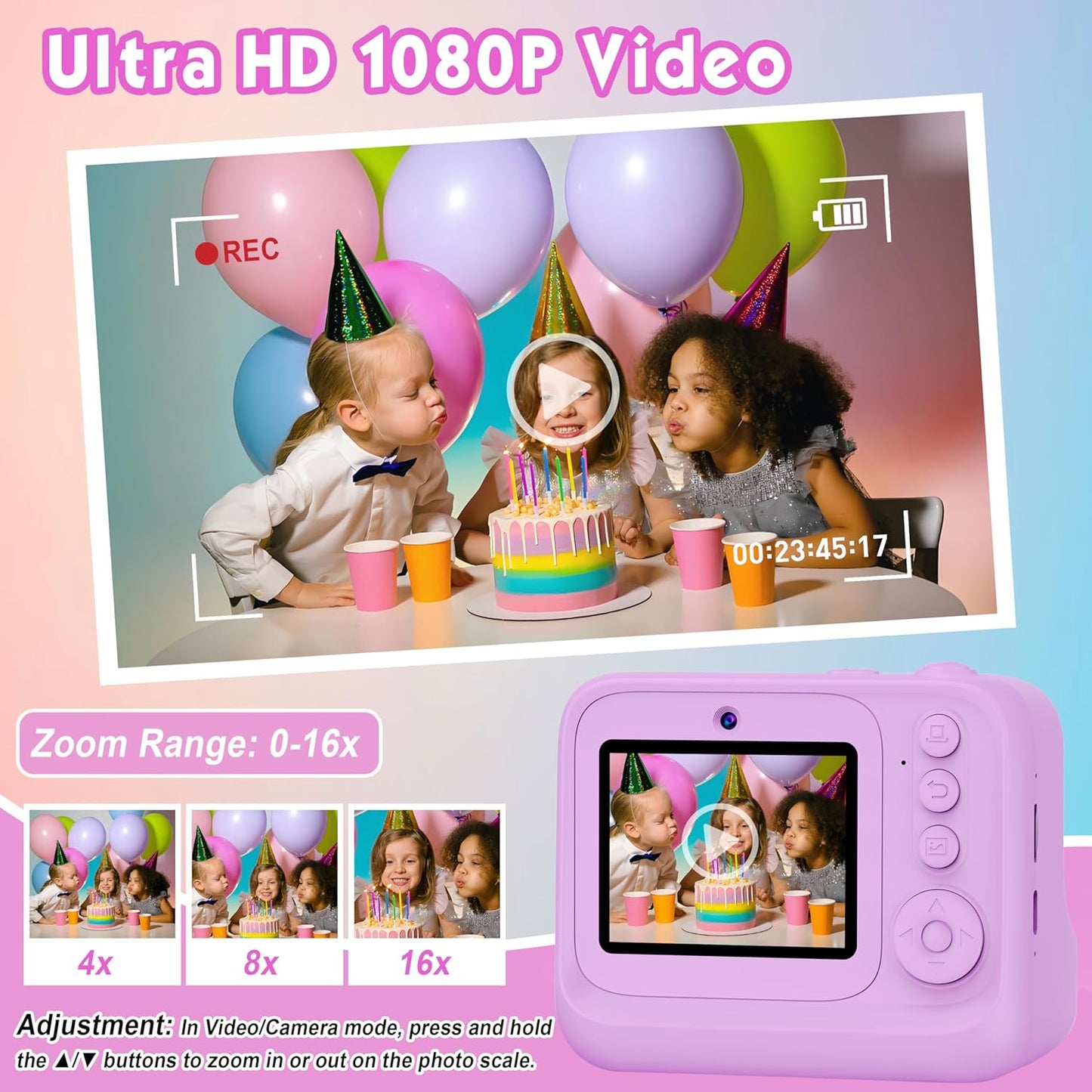 Kids Camera, Upgrade Kids Camera Instant Print, Front Rear Dual Selfie Digital CAM with 1080P Videos, Portable Travel Toy with Games and Music, Christmas Birthday Gift for Boys, Girls and Teens