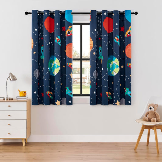 Kids Space Themed Blackout Curtains - 2 Panels, Each W52×L54, 100% Blackout, Perfect for Bedroom and Nursery, Energy Saving with Vibrant Cosmos Patterns