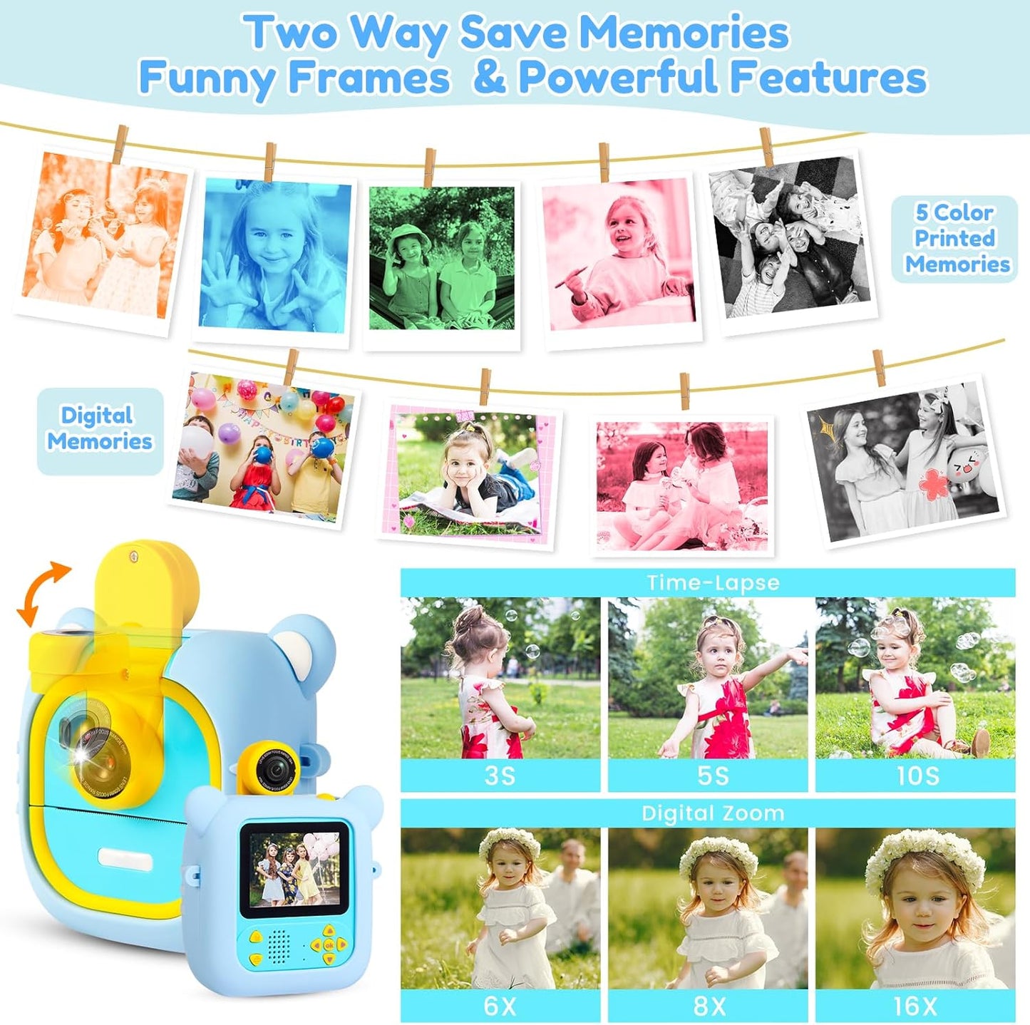 Kids Camera Instant Print, 7 Print Paper (4 Color: O/R/G/B+3 B&W), 2.4" Screen Instant Camera for Kids Ages 3-12,1080P, 180°Flip Lens,32GB Card- Christmas Birthday Present for Boys & Girls,M2