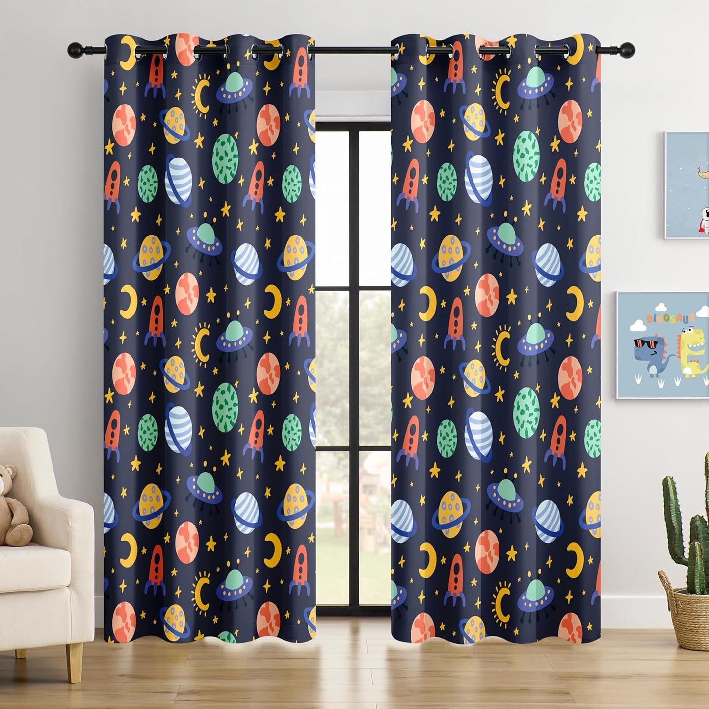 Kids Space Rockets Blackout Curtains - 100% Blackout, Thermal Insulated, Noise Reducing, Perfect for Kids Room and Nursery, 2 Panels (Color Pop Rockets, W52×L84)