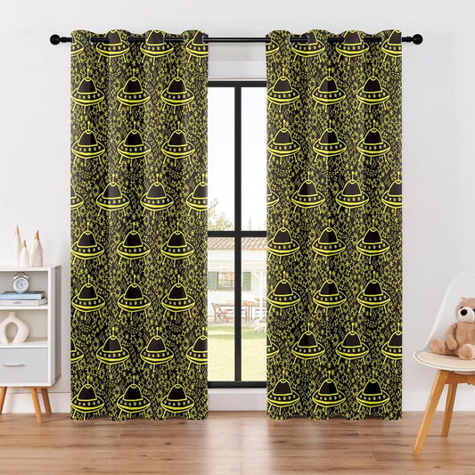 Kids Space Blackout Curtains - 100% Blackout, Thermal Insulated, Noise Reducing, UFO Design, Perfect for Kids Room and Nersury, 2 Panels (Neon UFO Night, W52×L84)