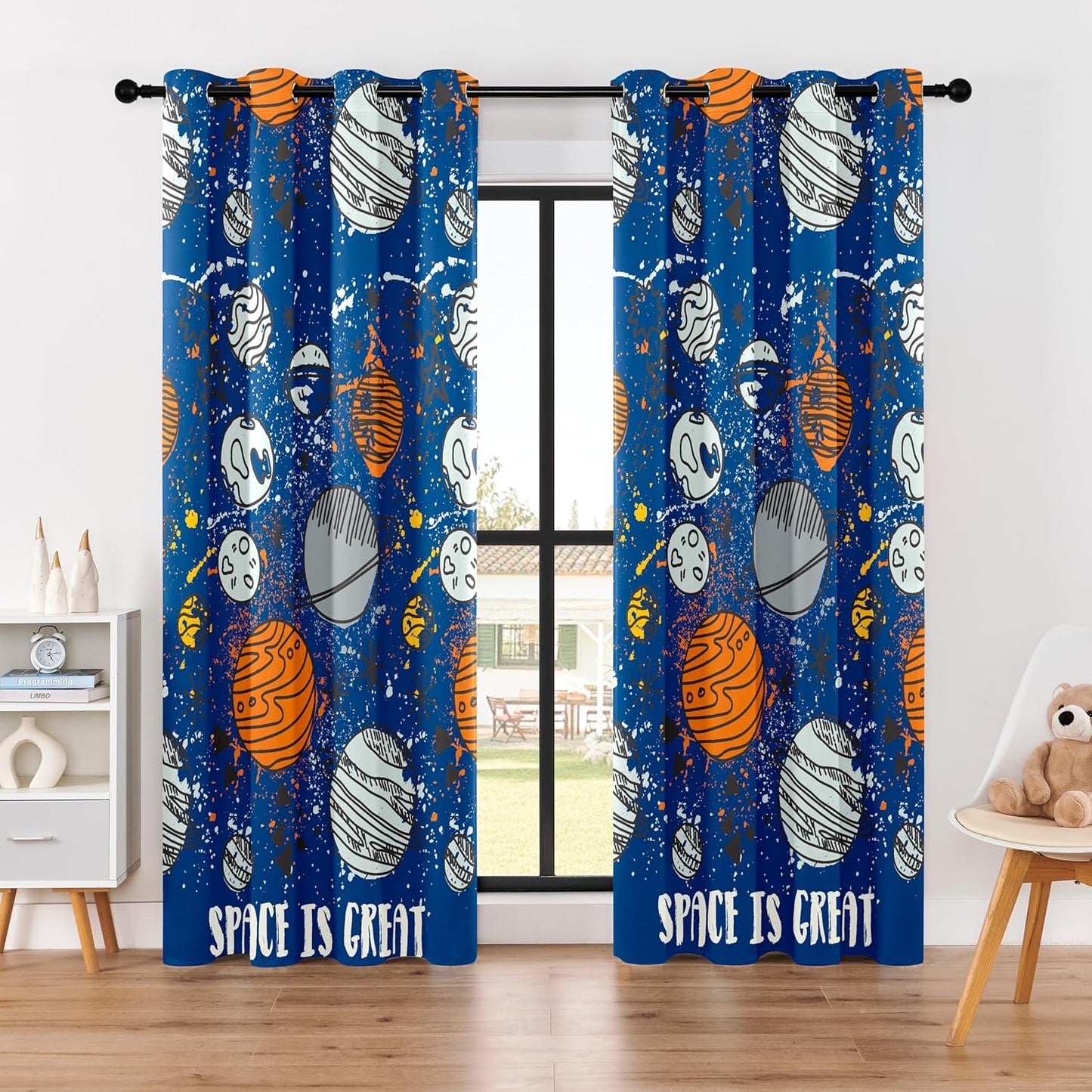 Kids Space Planet Blackout Curtains - 100% Blackout, Thermal Insulated, Noise Reducing, Perfect for Kids Room and Nursery, 2 Panels (Space-is-Great, W52×L84)